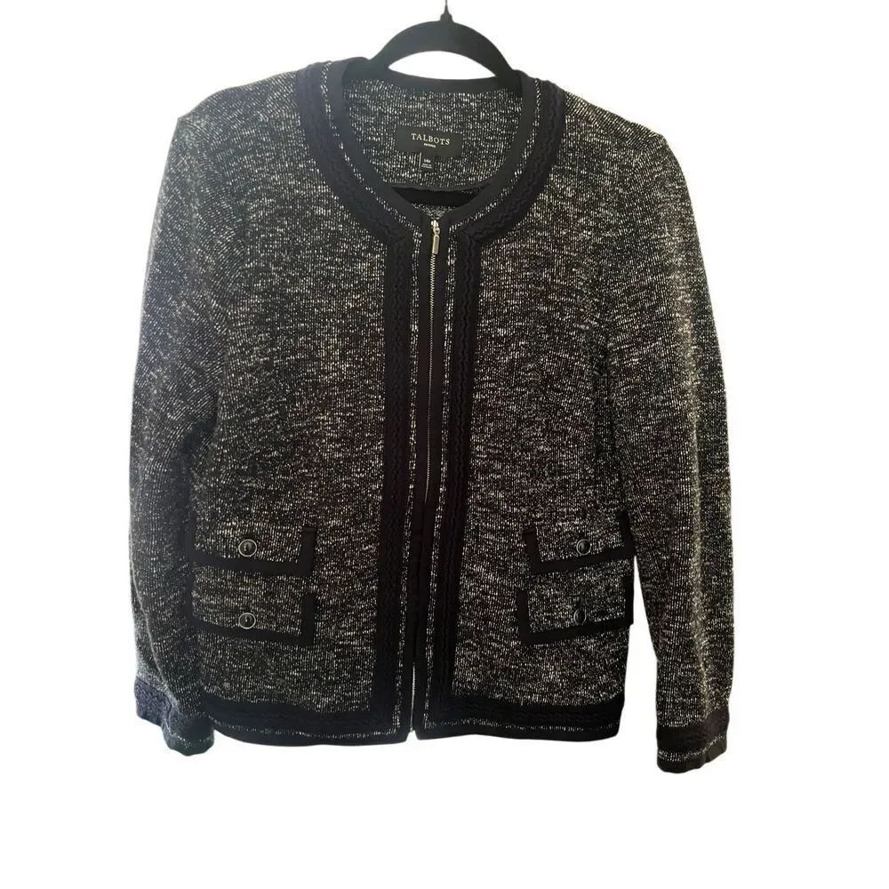 Talbots blue tweed zippered blazer cardigan sz 14P